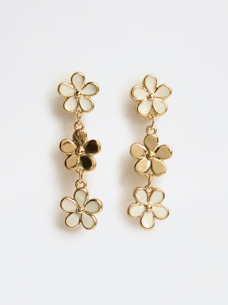 Westside Accessories Gold White Floral Dangler Earrings