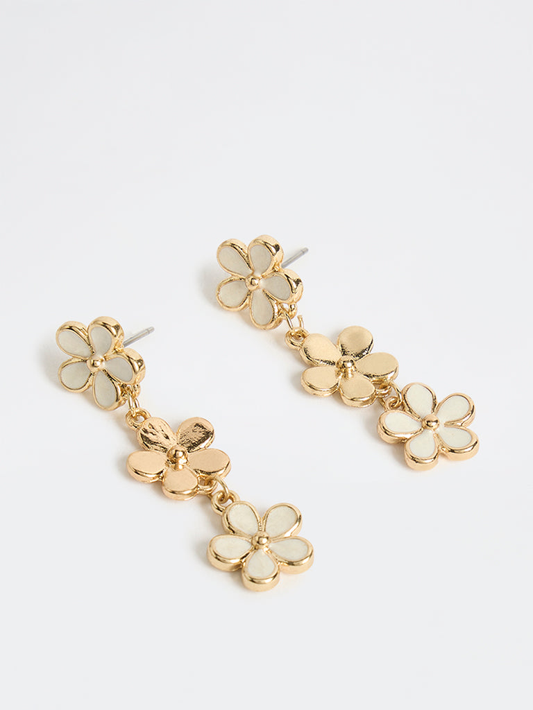 Westside Accessories Gold White Floral Dangler Earrings
