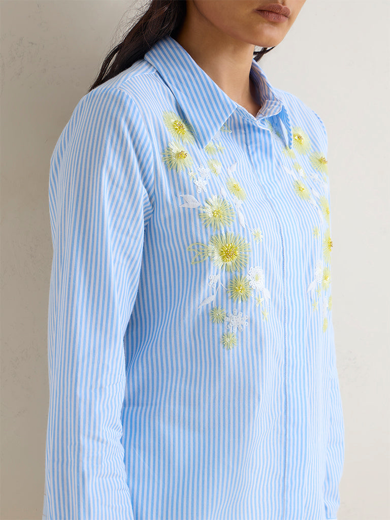 Wardrobe Light Blue Embellished Cotton Blouse