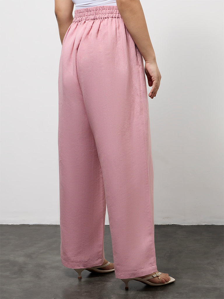 Diza Pink Solid Linen-Blend Pants