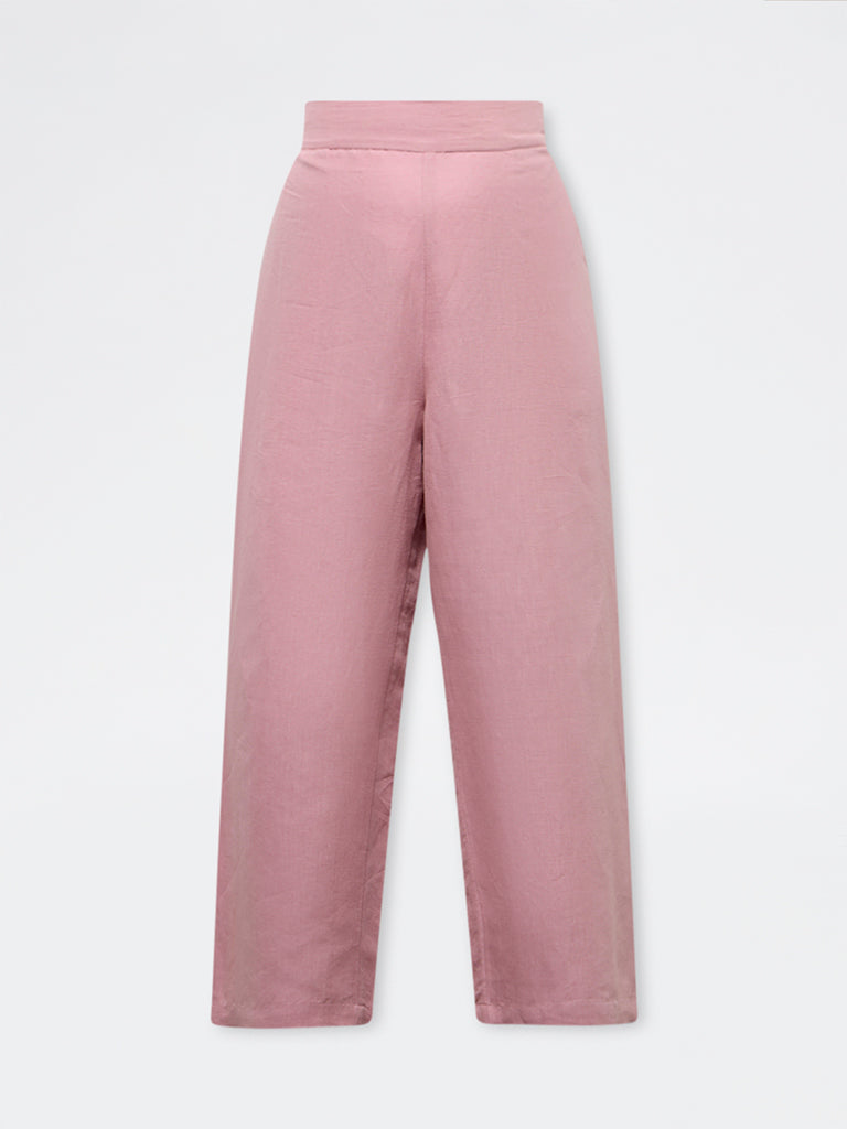 Diza Pink Solid Linen-Blend Pants