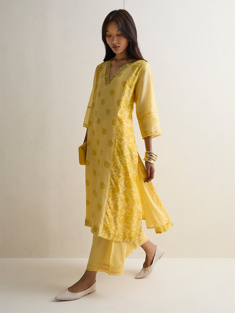 Zuba Yellow Lace-Detailed Silk Chanderi Pants
