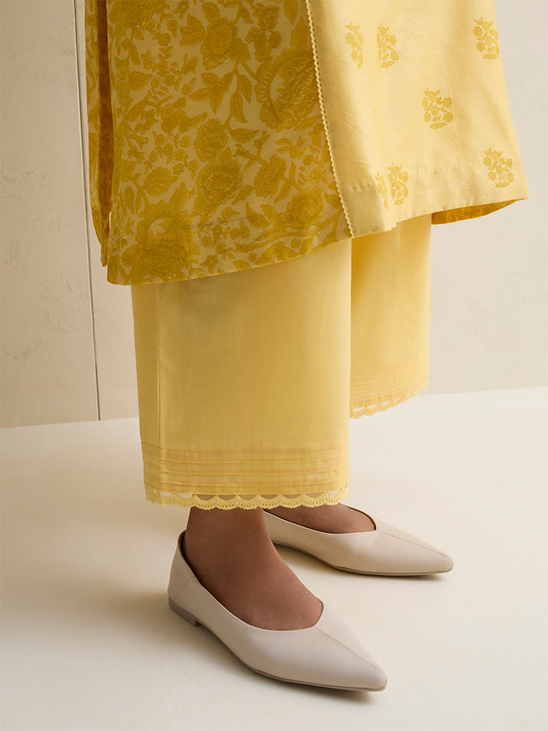 Zuba Yellow Lace-Detailed Silk Chanderi Pants