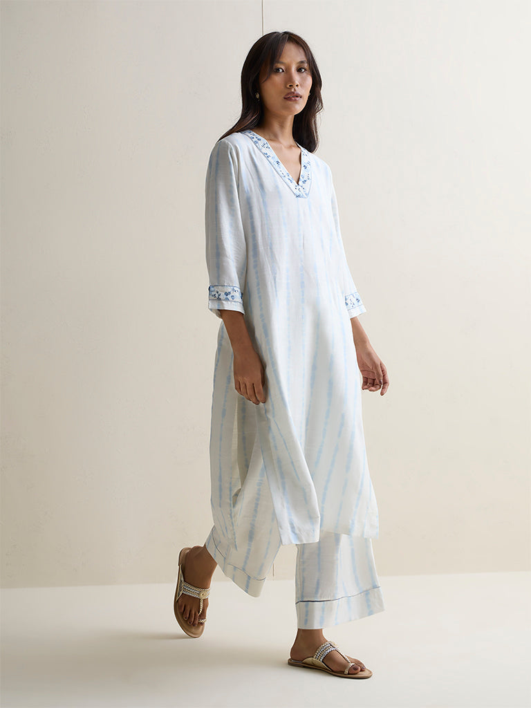 Zuba White Silk Blend Printed Pants