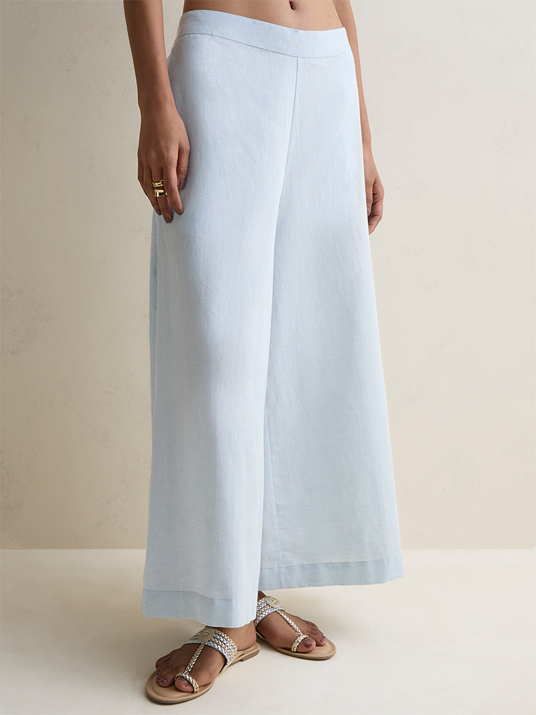 Zuba Light Blue Solid Linen Blend Palazzos