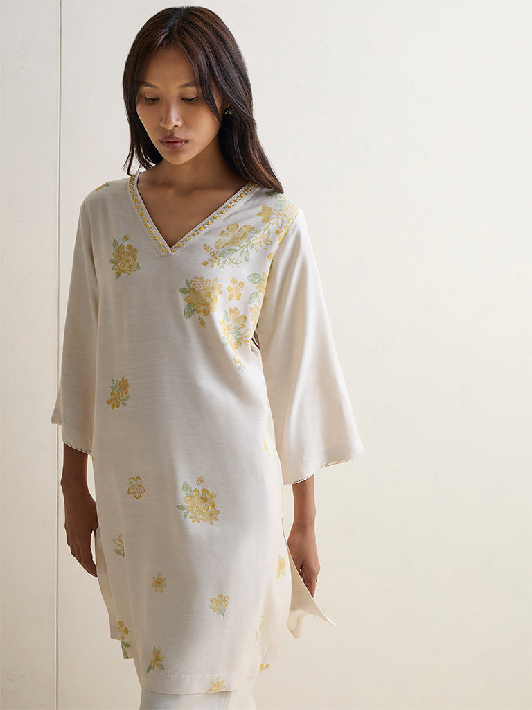 Zuba Ivory Foliage Pattern Silk Blend A-Line Kurta