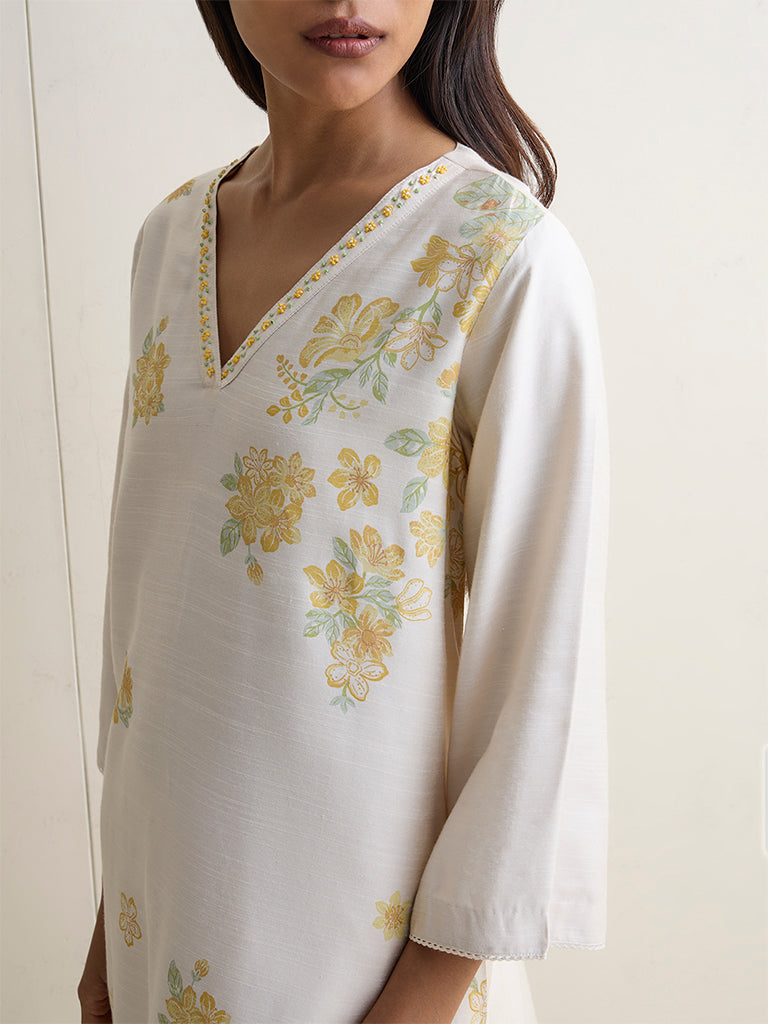 Zuba Ivory Foliage Pattern Silk Blend A-Line Kurta