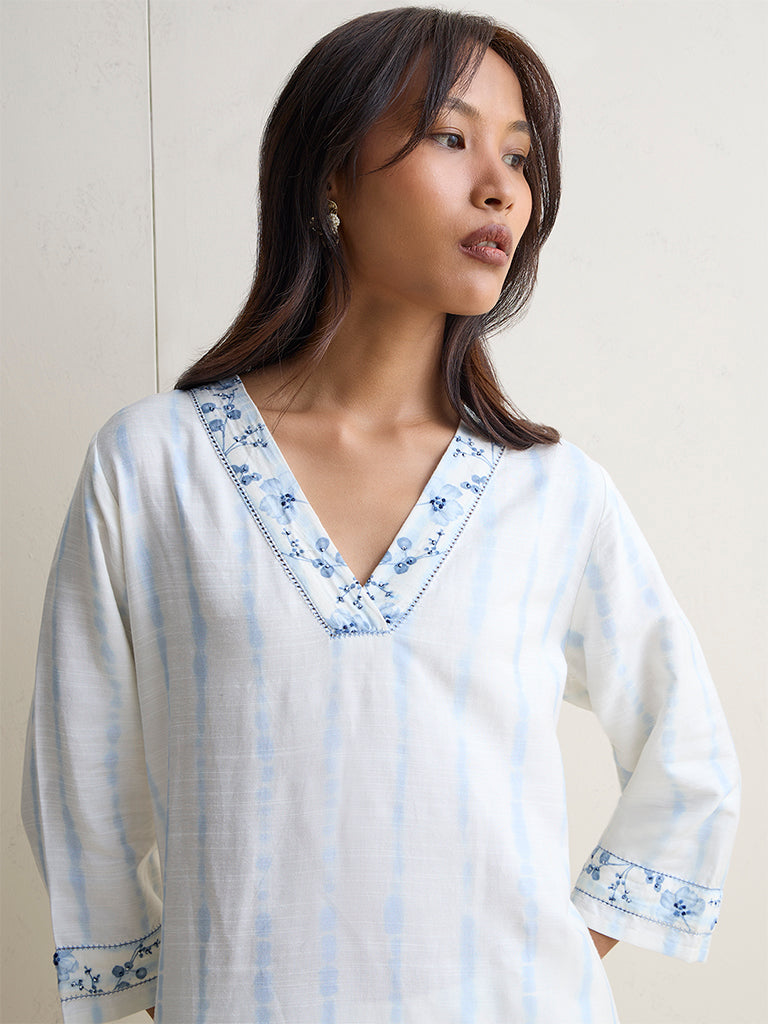 Zuba White Printed Silk Blend A-Line Kurta