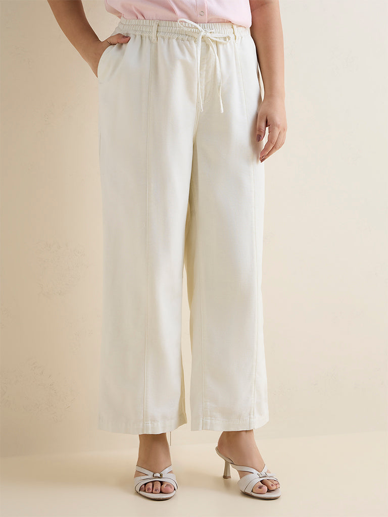 Gia Beige Solid Straight-Fit Cotton-Blend Pants