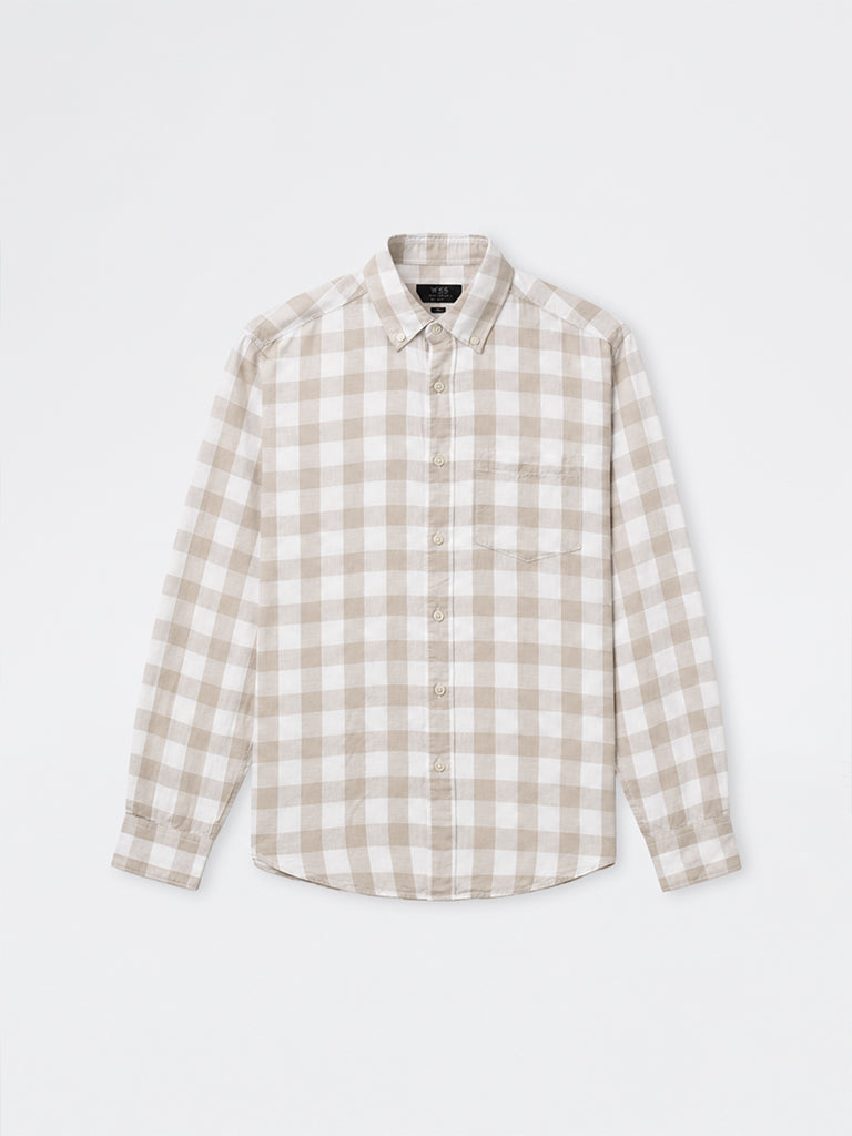 WES Casuals Beige Checks Relaxed-Fit Cotton-Blend Shirt