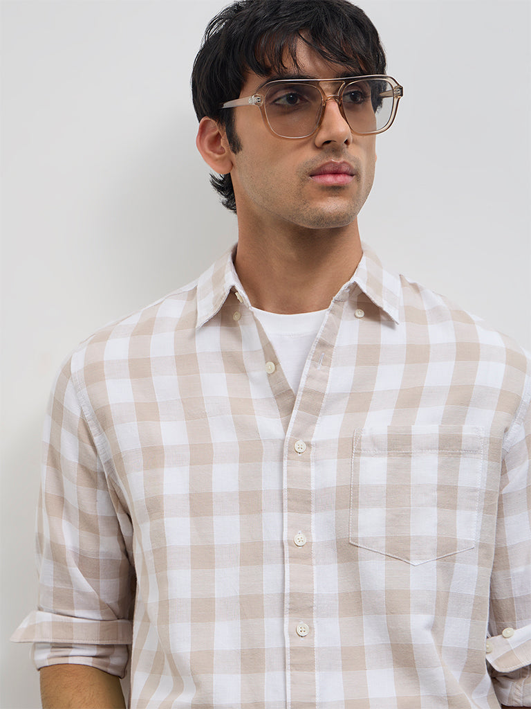 WES Casuals Beige Checks Relaxed-Fit Cotton-Blend Shirt