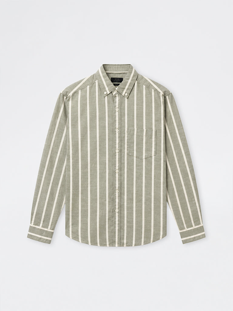 WES Casuals Olive Striped Relaxed-Fit Cotton-Blend Shirt