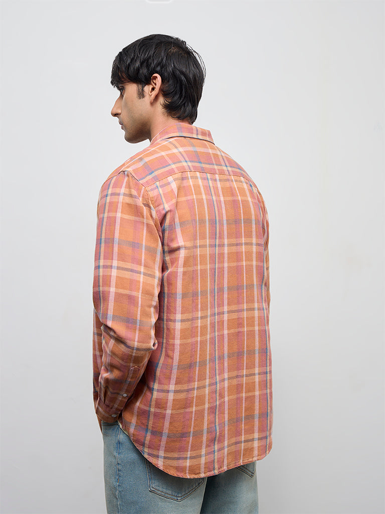 WES Casuals Orange Checkered Relaxed-Fit Cotton-Blend Shirt