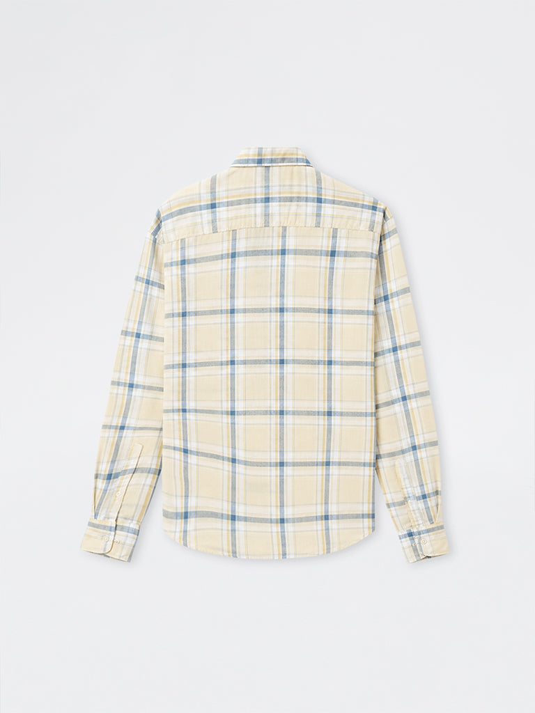 WES Casuals Light Yellow Checkered Relaxed-Fit Shirt