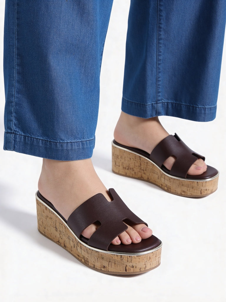 LUNA BLU Brown Cork-Textured Platform Wedge Sandals