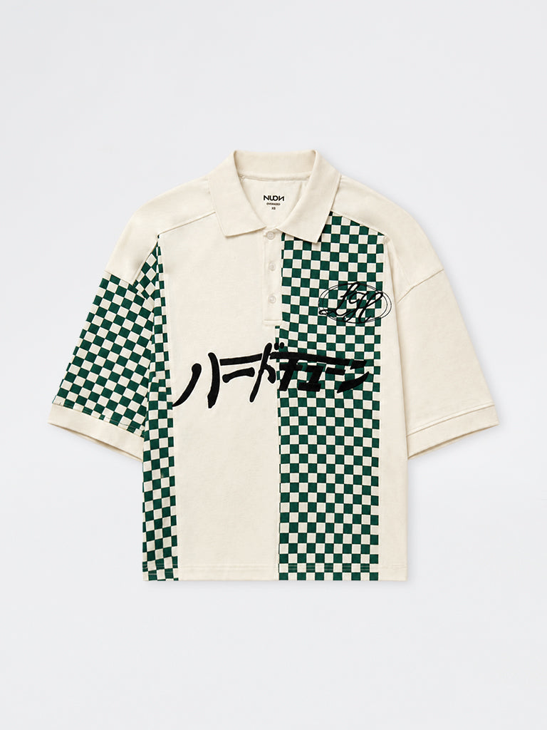 Nuon Green Checkered Relaxed-Fit Cotton Polo T-Shirt