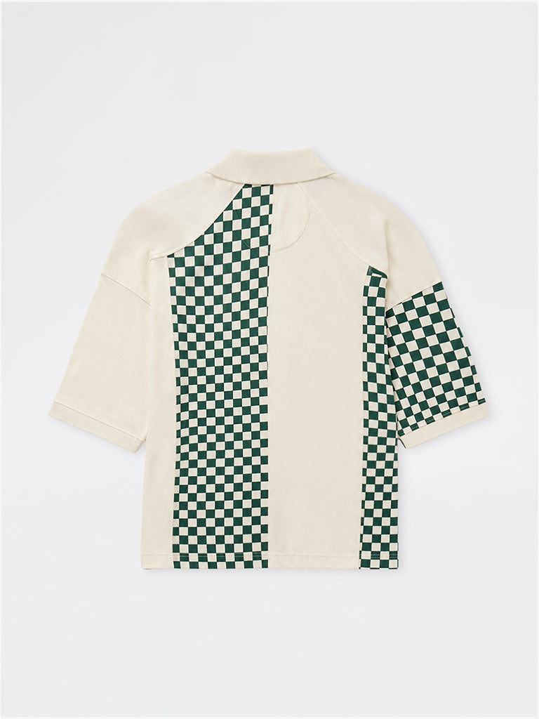 Nuon Green Checkered Relaxed-Fit Cotton Polo T-Shirt