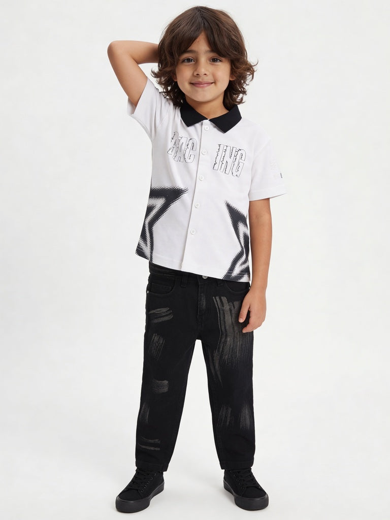 HOP Kids Boys Off-White Star Printed Cotton Shirt