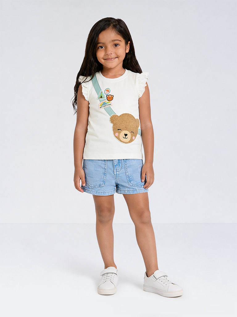 HOP Kids Girls Blue Checkered High-Rise Denim Shorts