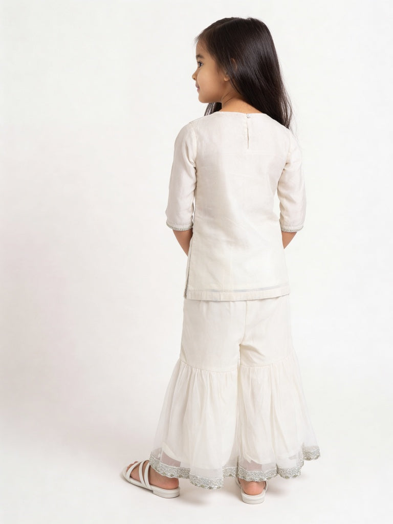 Utsa Kids Girls White Floral Embroidered Cotton-Blend Sharara Set - (2-8 yrs)