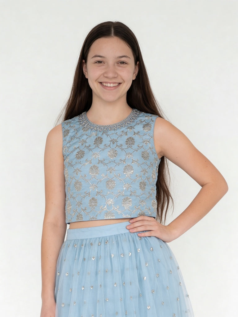 Utsa Kids Girls Blue Embroidered Skirt Set - (8-14 yrs)