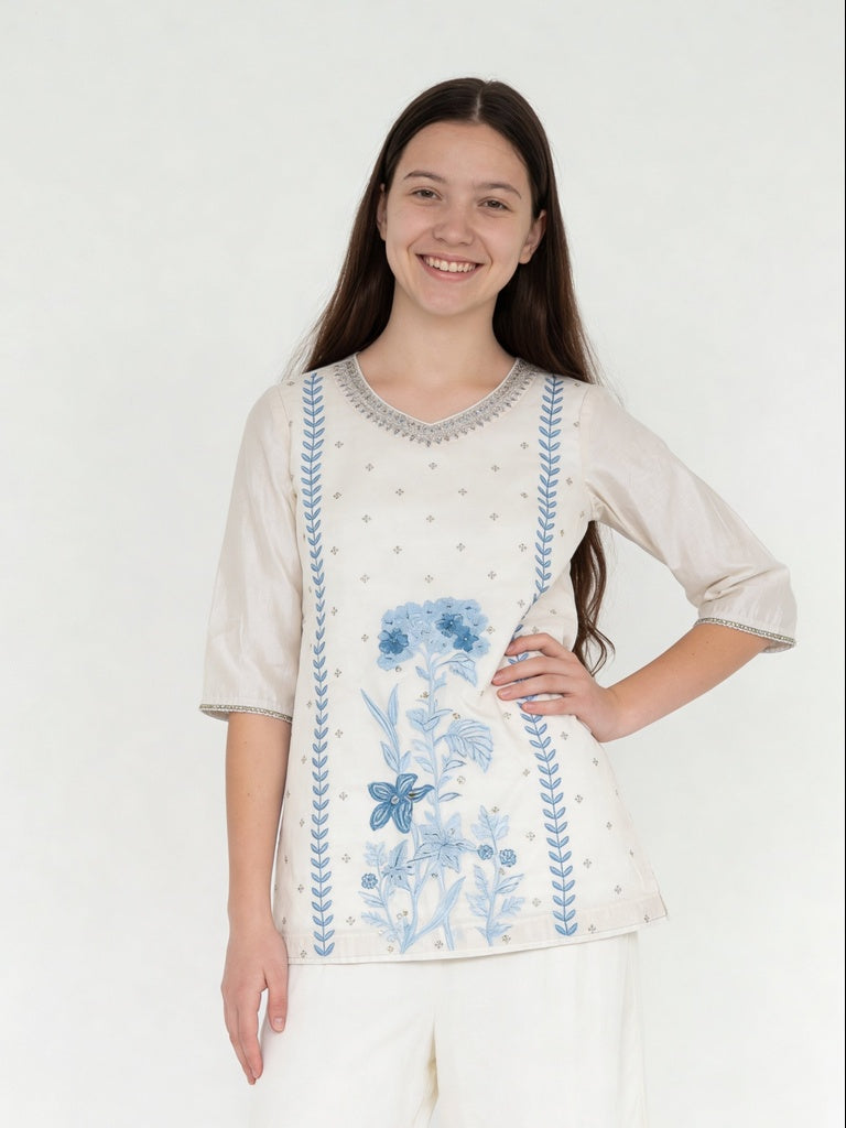 Utsa Kids Girls White Floral Embroidered Cotton-Blend Sharara Ethnic Set - (8-14 yrs)