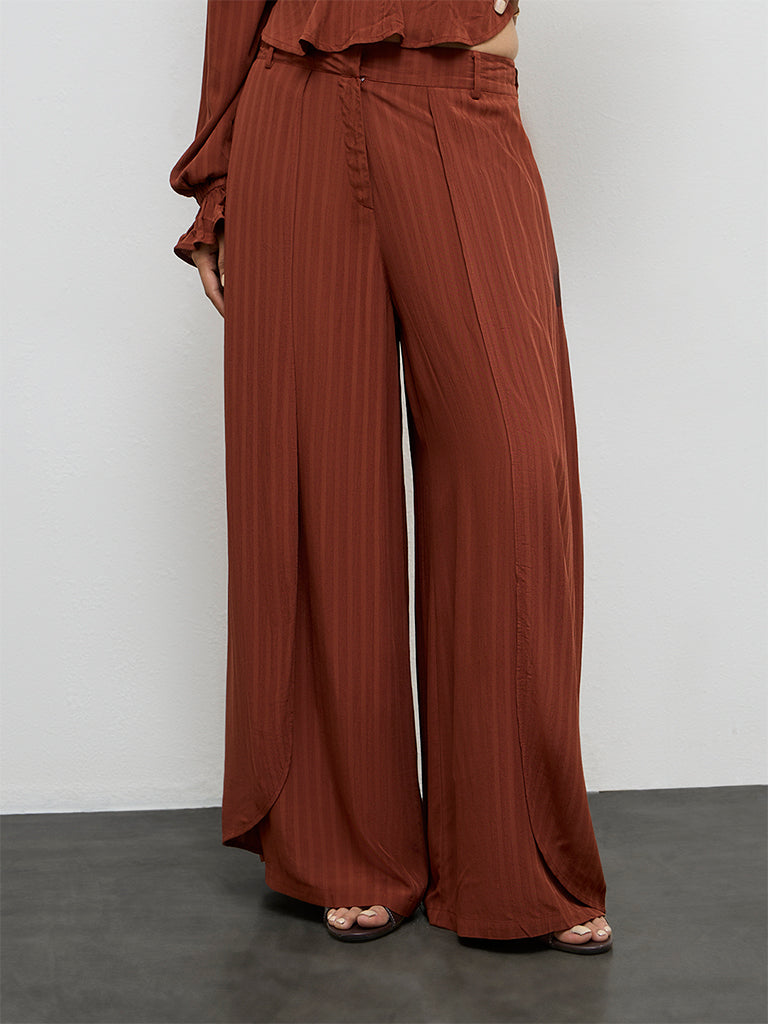 LOV Dark Rust Stripe Textured High-Rise Trousers