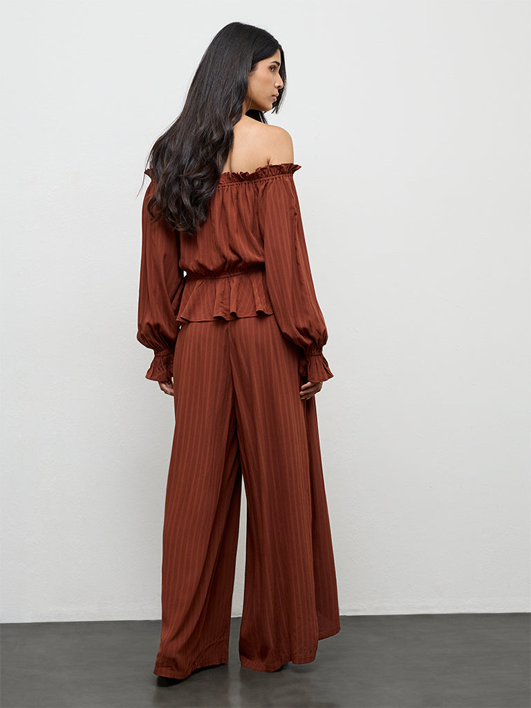 LOV Dark Rust Stripe Textured High-Rise Trousers
