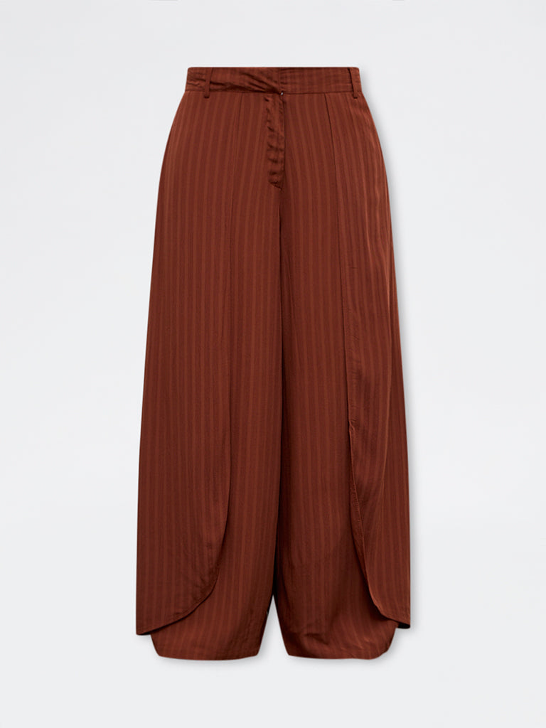 LOV Dark Rust Stripe Textured High-Rise Trousers