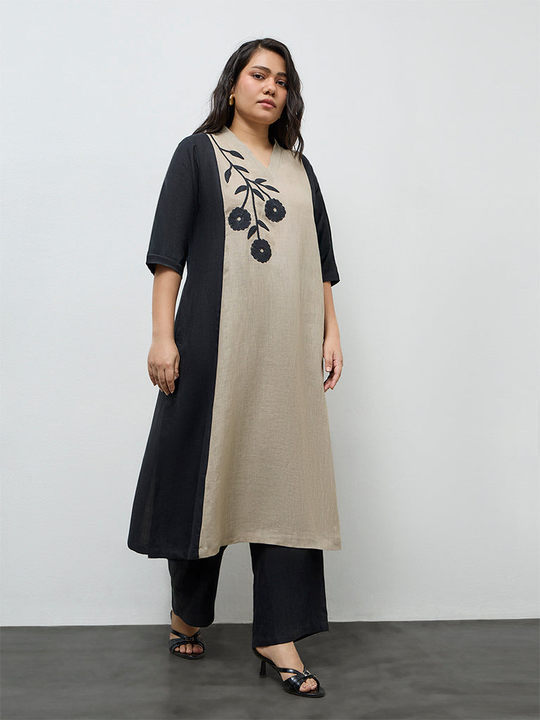 Diza Beige Floral Embroidered A-Line Linen Kurta