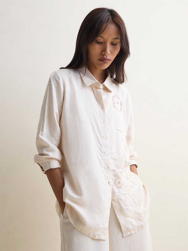 Zuba Off-White Floral Embroidered Linen-Blend Tunic
