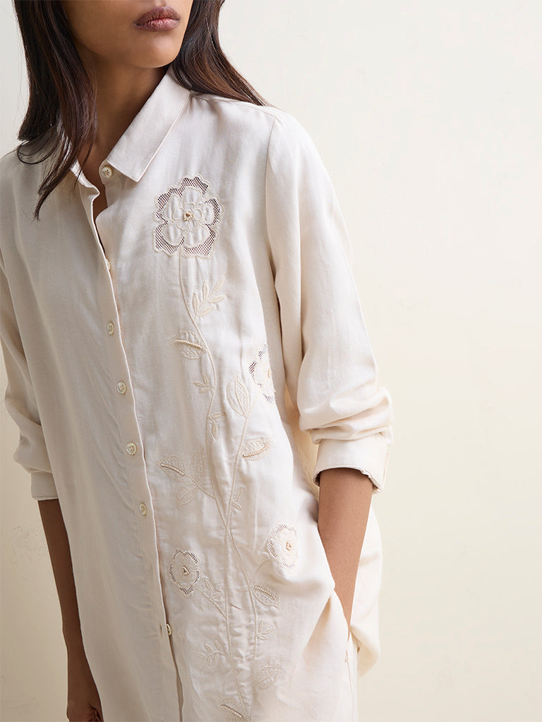Zuba Off-White Floral Embroidered Linen-Blend Tunic