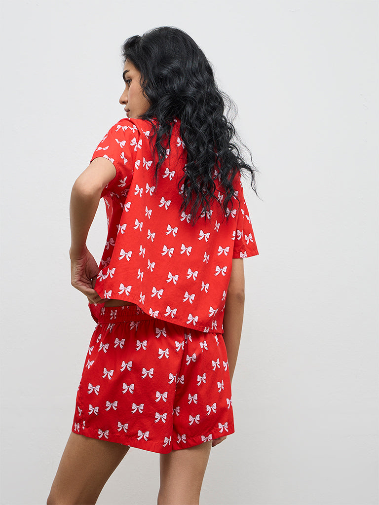 Superstar Red Bow-Printed High-Rise Cotton Shorts