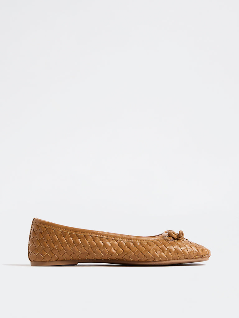 LUNA BLU Tan Woven Bow-Detail Ballerinas