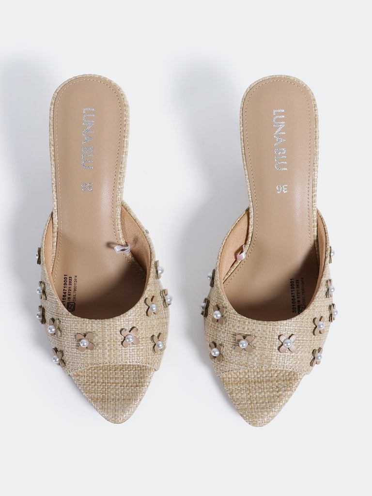 LUNA BLU Beige Flower Detail Heel Mules