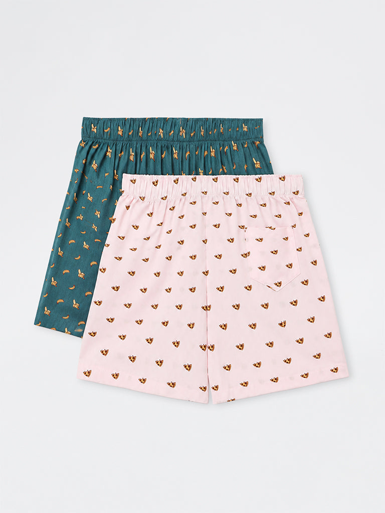 WES Lounge Pink Printed Relaxed-Fit Mid-Rise Cotton Boxers - Pack of 2