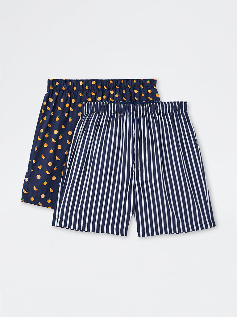 WES Lounge Navy Printed Relaxed-Fit Cotton Boxers - Pack of 2