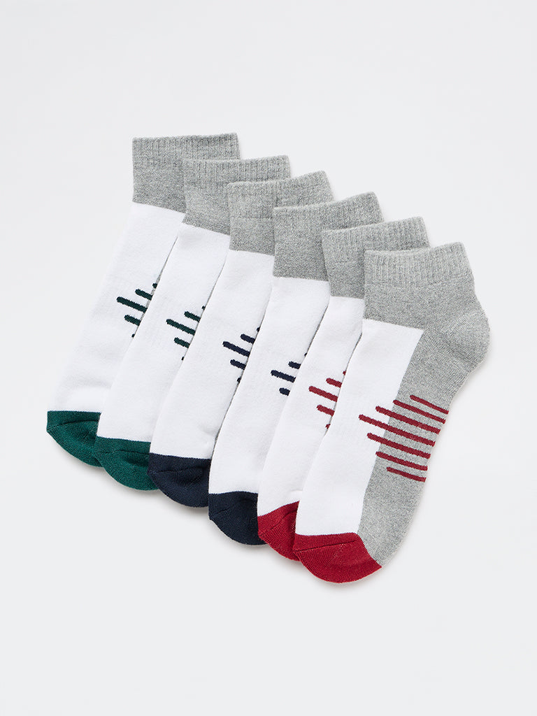 WES Lounge Grey Colour-Blocked Ankle Socks - Pack of 3