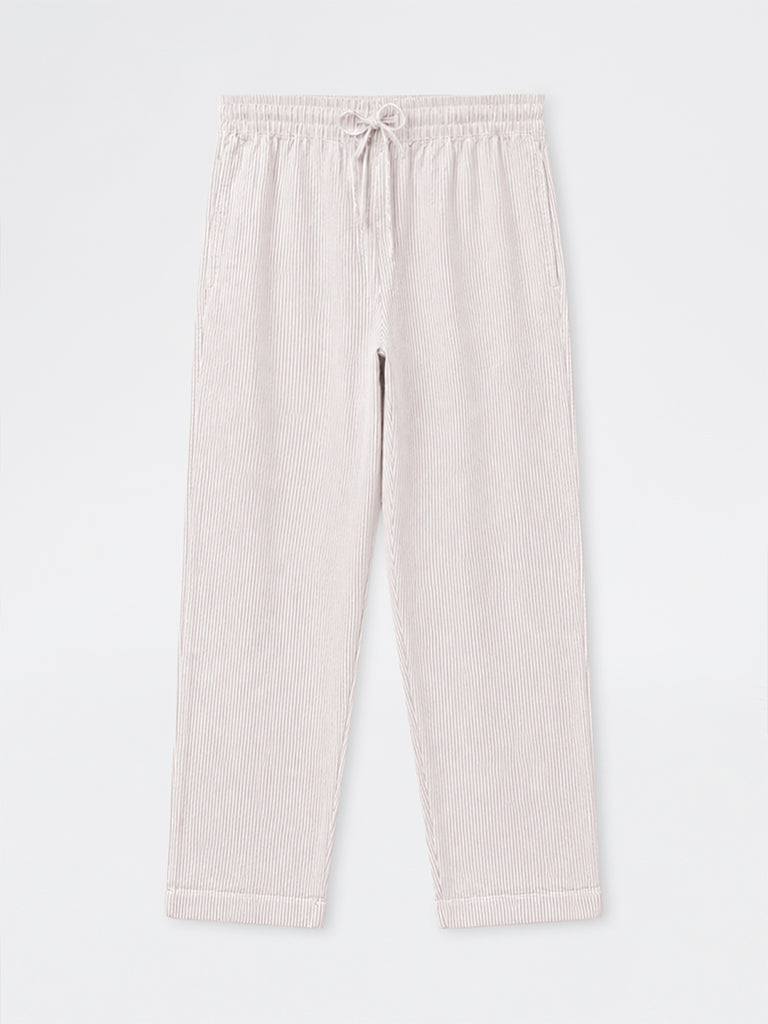 WES Lounge Beige Striped Relaxed-Fit Mid-Rise Cotton Pants