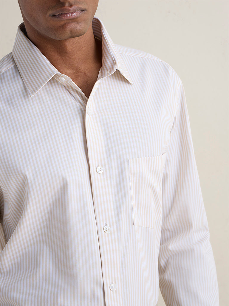 WES Formals Beige Striped Relaxed-Fit Cotton Shirt