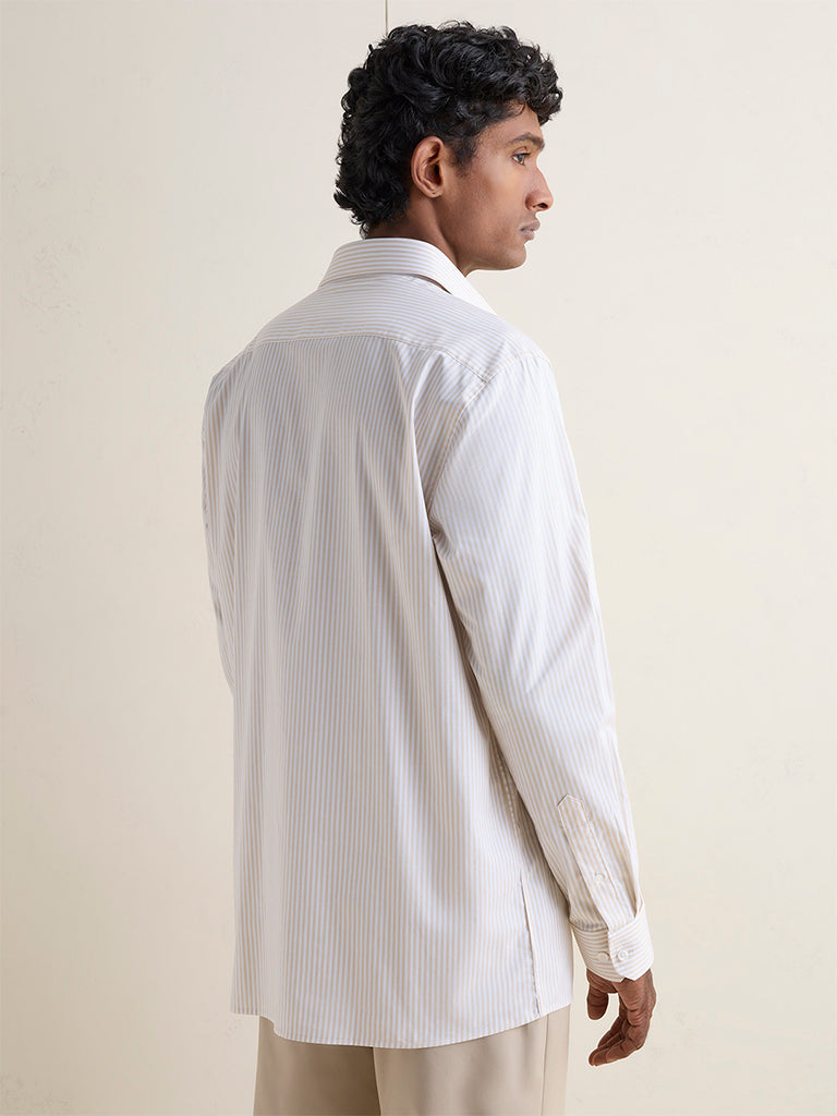 WES Formals Beige Striped Relaxed-Fit Cotton Shirt