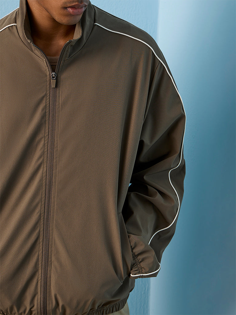 Nuoflexx Taupe Piping-Detail Relaxed-Fit Jacket