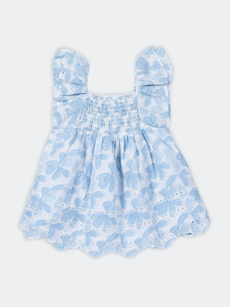 HOP Baby Girls Blue Printed Cotton-Blend Fit and Flare Dress