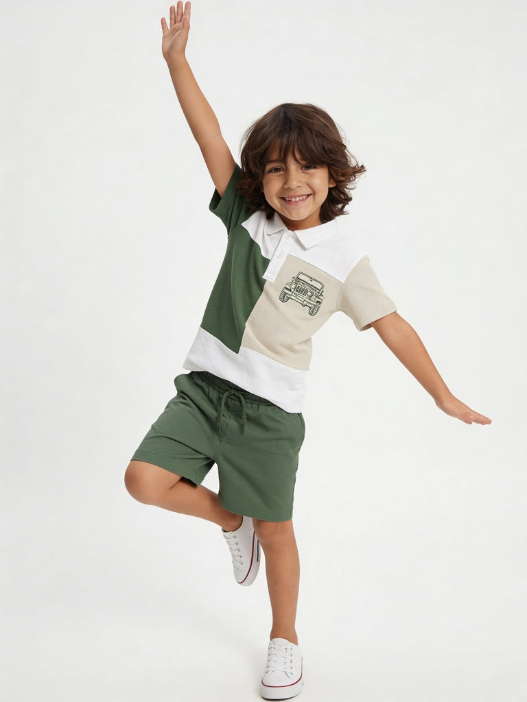 HOP Kids Boys Green Color-blocked Cotton Regular Fit Polo Shirt And Shorts Set