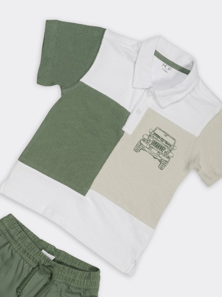 HOP Kids Boys Green Color-blocked Cotton Regular Fit Polo Shirt And Shorts Set