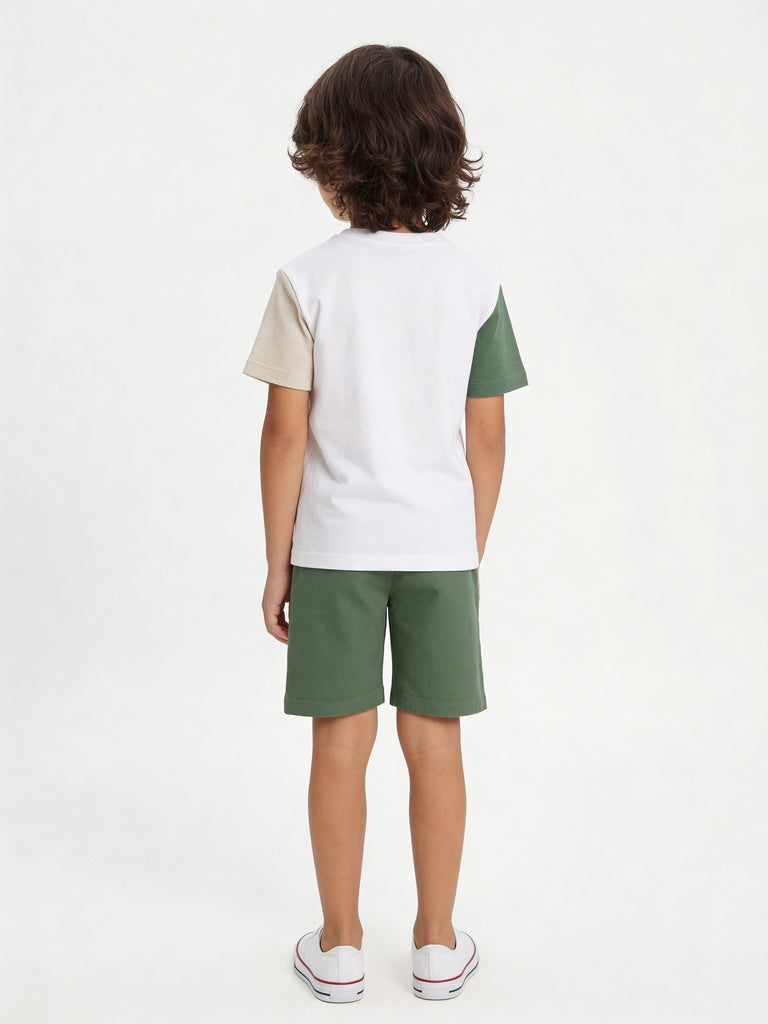 HOP Kids Boys Green Color-blocked Cotton Regular Fit Polo Shirt And Shorts Set