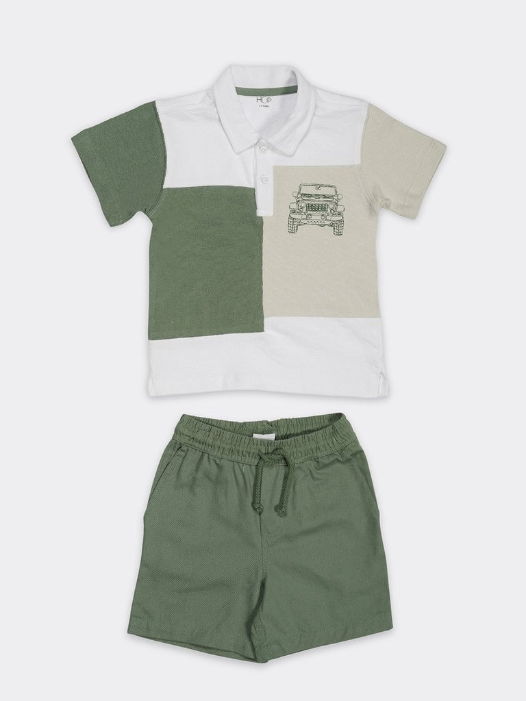 HOP Kids Boys Green Color-blocked Cotton Regular Fit Polo Shirt And Shorts Set