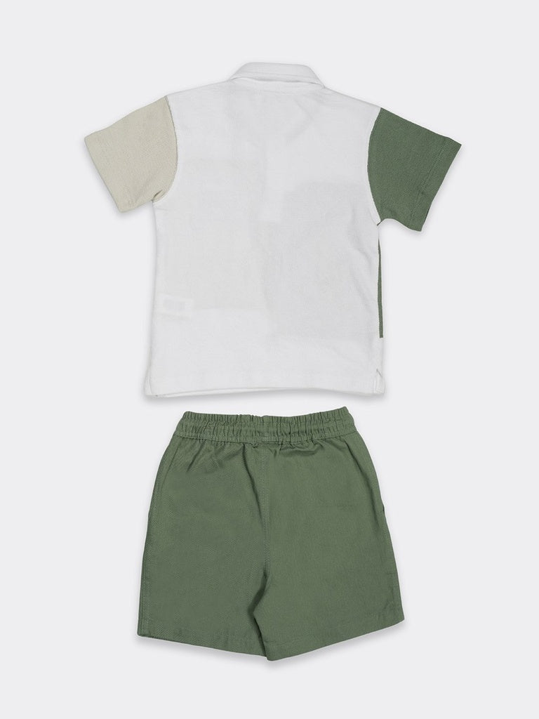 HOP Kids Boys Green Color-blocked Cotton Regular Fit Polo Shirt And Shorts Set