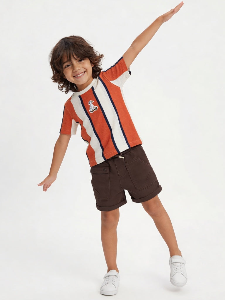 HOP Kids Boys Dusty Orange Striped Cotton-Blend T-Shirt