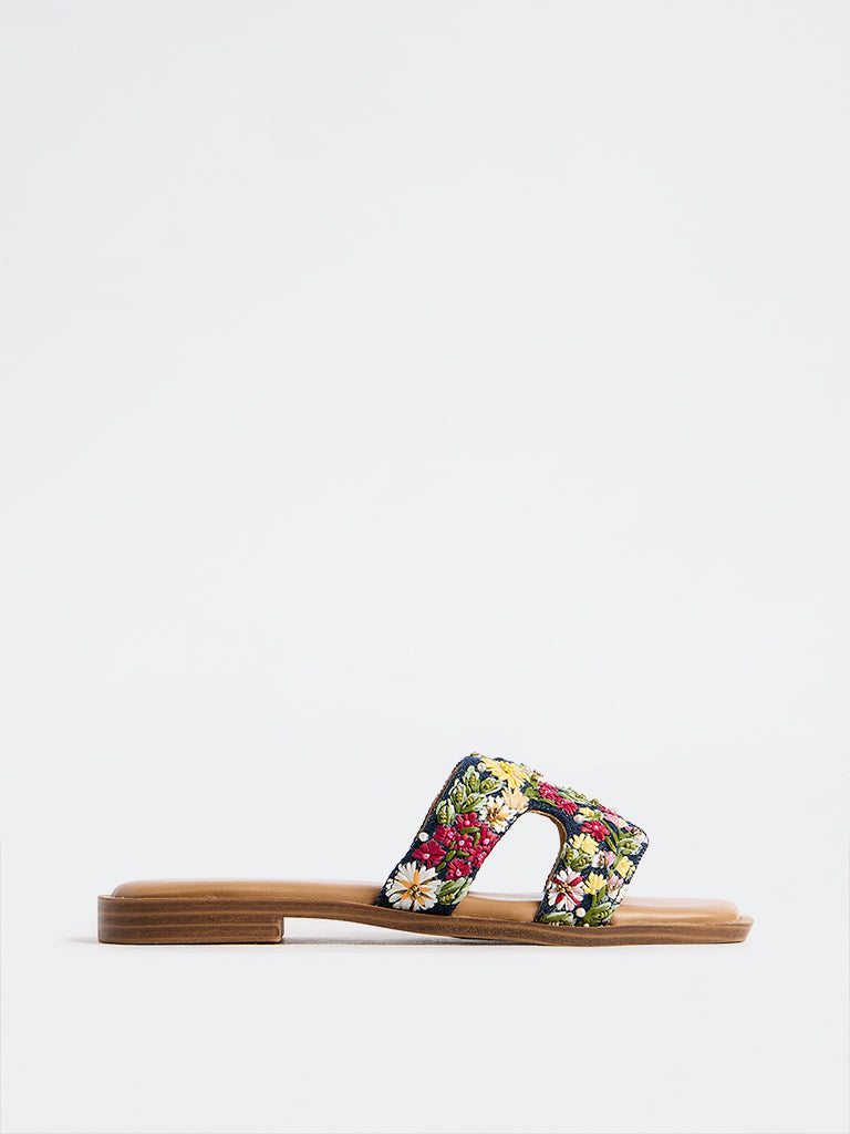 LUNA BLU Dark Blue Floral Embroidered Slides